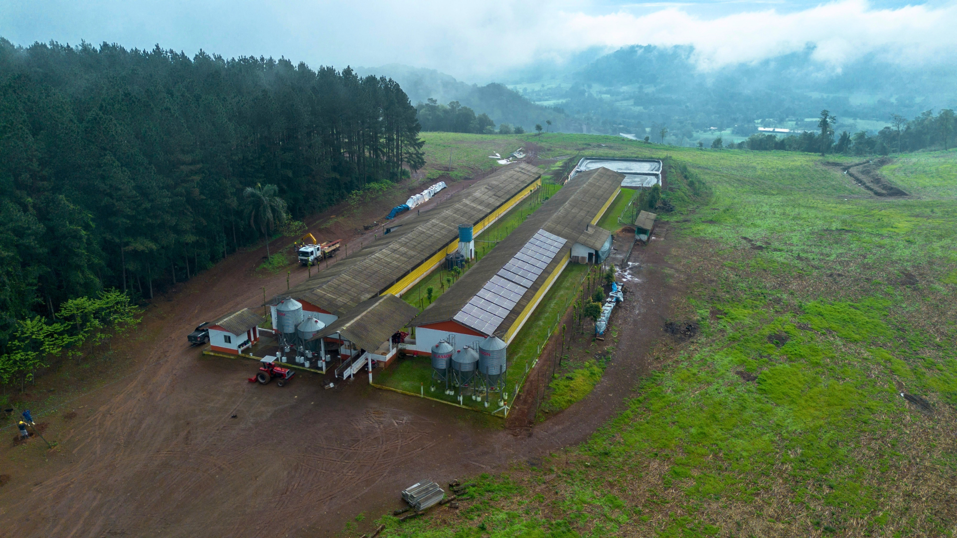 Vista aérea de granja cercada por área verde e mata