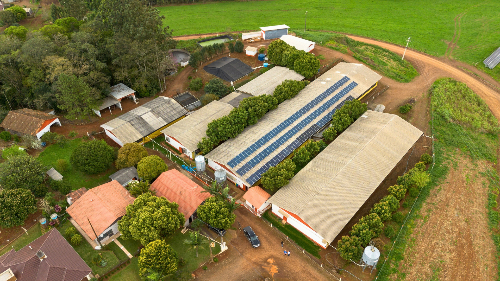 Vista aérea de granja com galpões e painéis solares